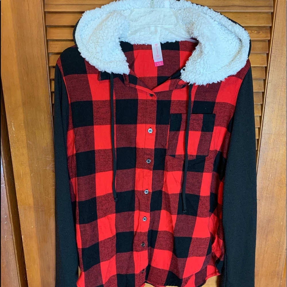 Long sleeve buffalo plaid with fur lined hood